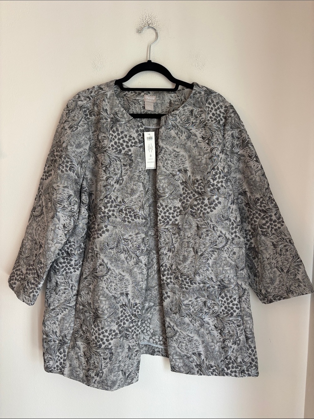 Chico’s travelers women novelty long silver lightweight coat dressy evening 16